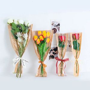 50pcs Flower Shop Tulip Rose Bag Kraft Paper Plastic Buquet Opakowanie Wedding Prezent 240223