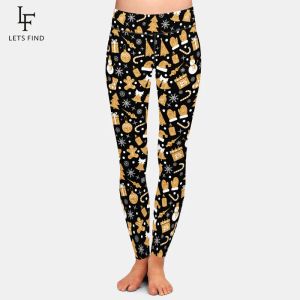 Leggings LETSFIND 3D Golden Christmas Theme Digital Printing Milk Silk Print Women Leggings High Waist Fitness Stretch Pants