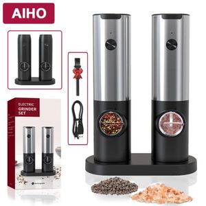 Rechargeable Electric Salt And Pepper Grinder Set With LED USB Charging Base Stainless Steel Automatic Spice Grinder Pepper Mill 240304