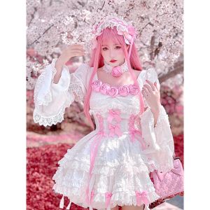 Klänning original japansk harajuku punk båge bandage sömmar het tjej mode lolita temperament kawaii söt vit rosa klänning ny