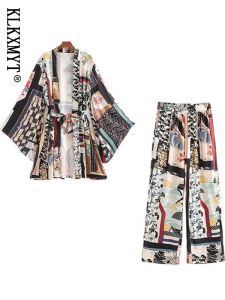 Anzüge Klkxmyt Frau 2 Stück Sets Kimono Shirts + Hosen Anzug 2023 Neue Mode Gedruckt Langarm Bluse Weibliche Hosen casual Set
