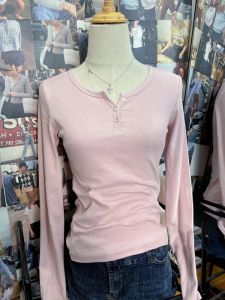 T-shirts botão vintage com nervuras manga longa t feminino outono casual em torno do pescoço rosa algodão y2k topos vintage doce magro t camisa para mulher