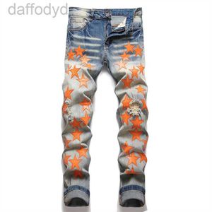 Men's Jeans Designer Mens black rip jeans for mens pants slim denim man embroidery patchwork rock revival womens skinny motorcycle European hole orange 240305