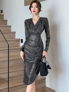 Dress Black Sequins VNeck Sexy Club Dress for Women 2023 Korean Vintage Luxury Prom Dress Autumn Winter Elegant Bodycon Evening Dress