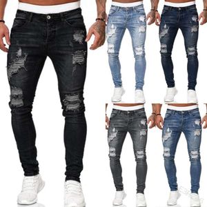Fashion Street Style Ripped Skinny Jeans Men Vintage Wash Solid Denim Trouser Mens Mens Casual Slim Fit Pencil Denim Pants Hot Sale