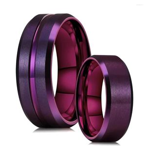 Anéis de casamento moda 8mm roxo aço inoxidável para homens mulheres cor escovado borda chanfrada casal bandas jóias