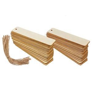 100Pcs Wooden DIY Bookmark Blank Bookmarks with Ropes Wooden Book Markers Rectangle Thin Hanging Tag 240227