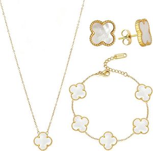 Lussuoso set di gioielli di design con quadrifoglio, collana con ciondolo, braccialetto di design, orecchini a bottone da donna, ideali per Natale, San Valentino, compleanno