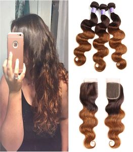 Brasileiro ombre marrom escuro onda do corpo pacotes de cabelo com fechamento do laço colorido 430 ombre cabelo humano tece com fechamento do laço 4x41152907