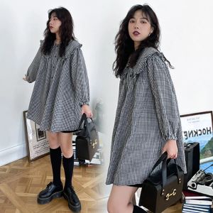 Dresses K1192# Dress Pregant Women Plaid Peter Pan Collar New Arrival Dress Pregant Women MidLong Pregnacy Dress