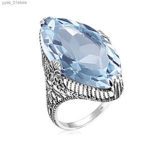 Bant Yüzük Silverchakra Solid 925 STERLING Gümüş Yüzük Markiz Aquamarine Halkaları Kadınlar İçin 14*26mm Büyük Taş Takı Çiçeği Özel Yapımı L240305