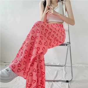 Capris GIDYQ Pink Love Heart Wide Leg Pants Women High Waist Casual Folds Straight Leg Pants Fashion Loose All Match Sweeping Pants