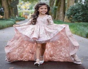 Pink High Low Low Long Sleeve Flower Girl Dresses For Wedding Lace Applique Ruffles Girls Pageant Gowns Sweep Train Children Prom Part4586519