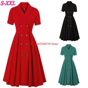 Dress Vintage 50s 60s Women's Retro Party Dress Solid Color Short Sleeve Audrey Hepburn Robe Pin Up Button Swing Dresses Vestidos