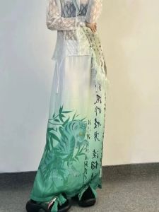 Dresses Vintage Chinese Style Skirts Women Bamboo Print Ins Fashion High Waist Saia Skirt 2023 New Summer Japanese Long Split Jupe Femme