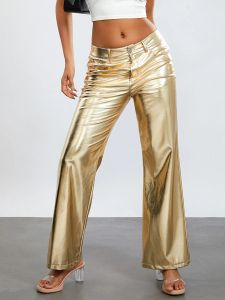 Capris wsevypo Women's Metallic Straight Leg Long Pants Fashion Low Waist Button Shiny Gold Trousers Loose Long Pants with Pockets