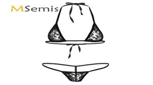 2PCS Women Bikini Swimsuits Koronki Wyglądaj przez Sheer Halterneck Mini Micro Bikini Bra Top z Gstring Thongs Biecid