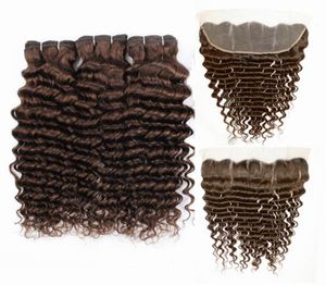 Deep Wave 4 Medium Brown Remy Human Hair Weave Pakiety z koronkowym zamknięciem czołowym 13x42613860