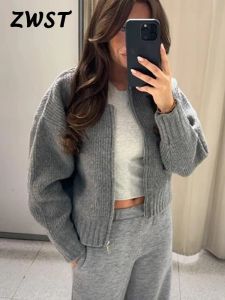 Cardigans Knit Grey Sweater For Women Fashion Zipper Onecke Long Sleeve Sweaters Female 2023 Autumn Winter High Street Lady Outwear