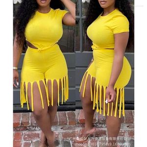 Work Dresses Women O Neck Short Sleeve T Shirt Tops High Waist Skirt Solid Color Spring Summer Crew Top & Tassel Design Set