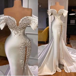 Charming Mermaid Wedding Dress Pearls Crystal Bridal Gowns Off Shoulder Side Split Bride Dresses Custom Made Vestido de novia