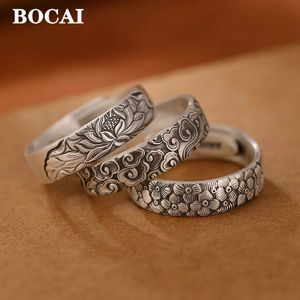 BOCAI Real S999 Pure Silver Jewelry Distressed Matte Retro Auspicious CloudPlumLotus Chinese Style Womens Open Ring 240220