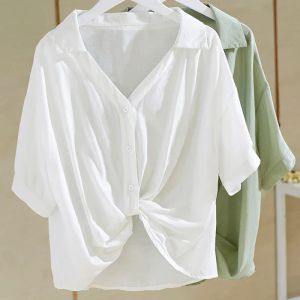 Shirt Women Blouses Summer White Short Sleeve Goth Blouse Women 2024 Knot Waist Loose Shirts Cotton Tops Elegant Women Blouses 19868