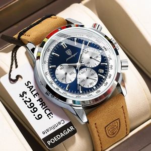 Poedagar Luxury Man Watch 고품질 방수 크로노 그래프 Luminous Mens Wristwatch Leather Men Quartz 시계 캐주얼 시계 240227