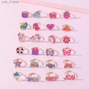 Band Rings Cartoon Drop Oil Kids Ring Justerbar för flickor Söta Animal Panda Dinosaur Unicorn Design Rings Ly Jewelry Christmas Gift L240305