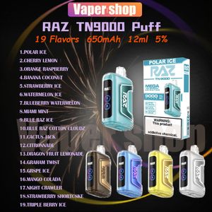 Original RAZ TN9000 Puff Vape Pen Descartável 19 Sabores 12ml Pod Malha Bobina 650mAh Bateria 5% 9K Puffs Vape Kit