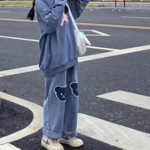 Jeans Cute Hip Hop Bear Print Jeans Girls Cool Harem Denim Pants Female Punk High Waist Denim Baggy Ins Autumn Harajuku Trousers Femme