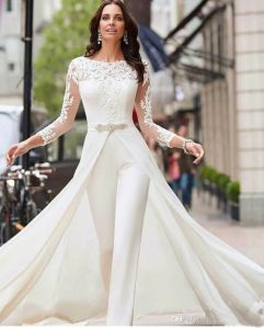 Long Sleeve White Jumpsuits Wedding Dresses Lace Satin With Overskirts Beads Crystals Plus Size Bridal Gowns Pants Formal Dress