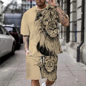 Мужские спортивные костюмы Летний мужской легкоатлетический костюм крутая футболка с короткими рукавами с 3D-принтом льва 2 предмета повседневной спортивной одежды модная мужская одежда J240305