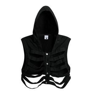 Dark hollowed out skeleton hooded vest for men's camisole, trendy and handsome short sleeveless vest