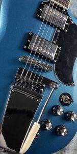 Standardowa gitara elektryczna, gitara elektryczna SG, wkładka w doniczce kwiatowej, niebieski i srebrny połysk, srebrne vibrato, w magazynie, pakiet błyskawicy