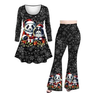 Anzüge Plus Size Weihnachtsgrafik-Outfits Hut Panda Katze Licht Glitzer 3D-Druck T-Shirt Schlaghose Weihnachten Neues passendes Damen-Set