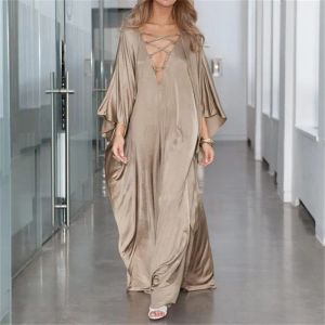 Dress 2023 Champagne Gold Sexy Lace Up Plunging Neck Bats Sleeve Loose Long Summer Beach Dress Satin Women Beachwear Maxi Dress N877