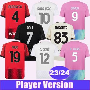 23 24 GIROUD THEO Mens Jogador Futebol Jerseys BENNACER PULISIC TOMORI KJAER SAELEMAEKERS Home Away 3º 4º GK Camisas de Futebol Manga Curta Uniformes Adultos