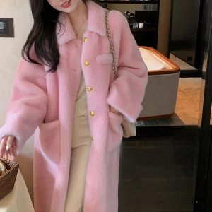 Fur Pink Lambswool Parka Coat 2023 Winter Fashion Lapel Collar Singlebreasted Pockets Women Real Sheep Shearing Mid Length Coats