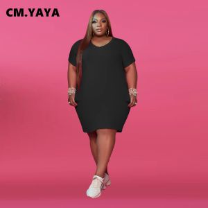 Vestidos cm. yaya plus size feminino vneck manga curta vestido fino clássico moda estilo camiseta na altura do joelho vestidos