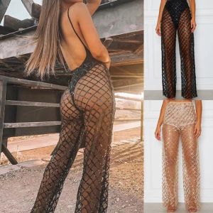 Capris BKLD Womens Byxor Casual Pants 2023 Summer Beach Party Cover Up Pants Sexiga breda benbyxor Plaid Squined Mesh Sheer Pants