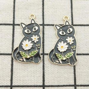 Charms 10pcs Enamel Flower Cat Charm Jewelry Accessories Earring Pendant Bracelet Necklace Zinc Alloy Diy Finding 18x32mm