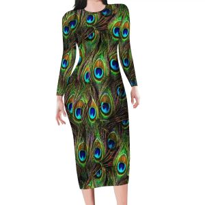 Dress Peacock Feathers Bodycon Dress Ladies Colorful Print Cute Dresses Spring Long Sleeve Street Style Design Dress Large Size