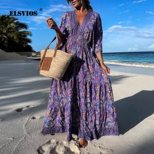 Vestido feminino boho maxi, vestido de verão com decote em v, meia manga, praia, nova moda, sexy, estampa floral, costas nuas, vestido dividido, outono