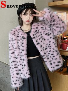 Fur Grube Lampart luksus faux lis futra koreańska moda ciepłe krótkie kurtki swobodne kobiety pluszowe Jaqueta 2023 Winter Furry Chaquetas