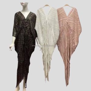 Elbise Mütevazı Lady Elegant Metalik Puflu Kol V Boyun Pileli Pullu Plus Plus Boyut Bodycon Uzun Elbise Fringe Fringe Kadın Gecesi Elbise