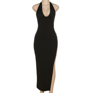 Klänning boozrey öppen rygg elegant kvinnor kväll djup v ärmlös solid halter maxi klänning klubb party split långa klänningar låga klippkläder