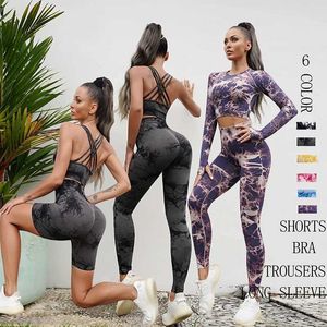 Women's Tracksuits Seamless Tie Dyed Yoga Set Sports Fitness High Waist Hip Elevated Pants Cutting Bra Set Sportswear J240305