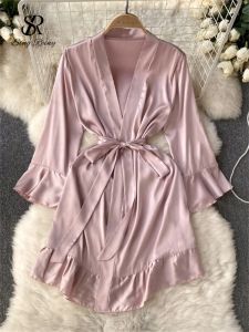 فستان Singreiny كوري الصيف Cardigan Lingerie Pajamas نساء Ruffes طويلة الأكمام الرجعية المثيرة الالتهاب الطيات المثيرة الإباحية اللباس الإباحية