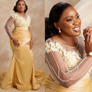 Afrikansk aso ebi plus storlek Mor till brudklänningar Nigeria sjöjungfrun illusion Mödrar klänningar för kvinnor eleganta för en bröllop långa ärmar med pärlor spetsbom klänning Amm125